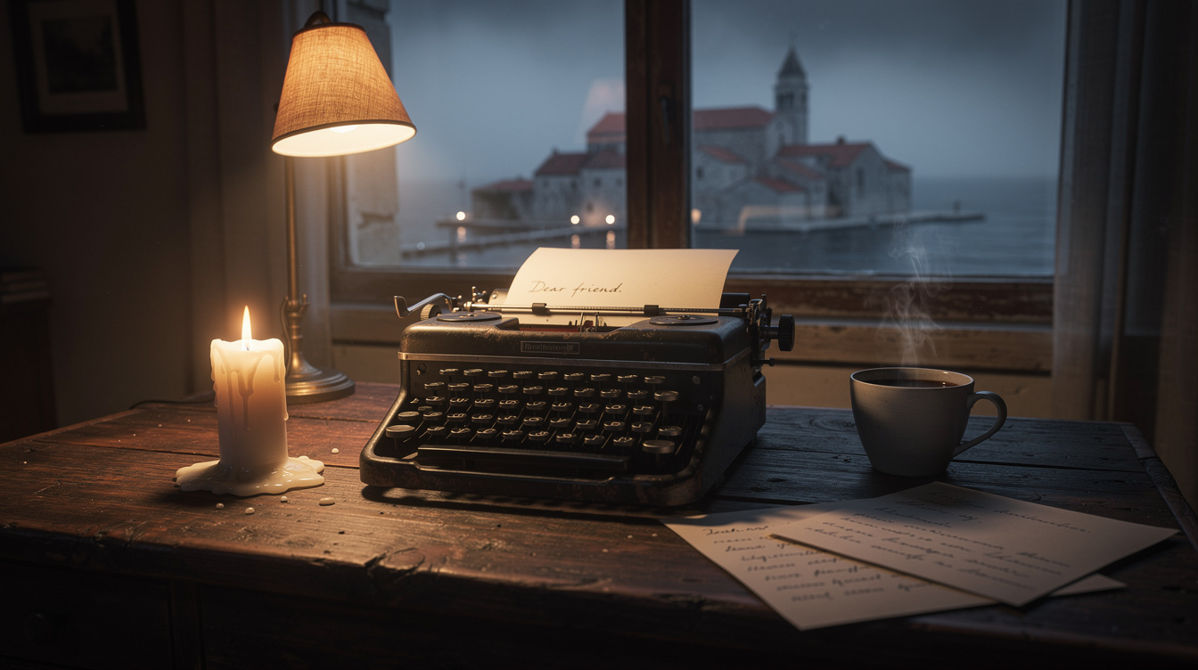 Writer's desk with typewriter and candle in a dim room overlooking a foggy Croatian coastal town at night