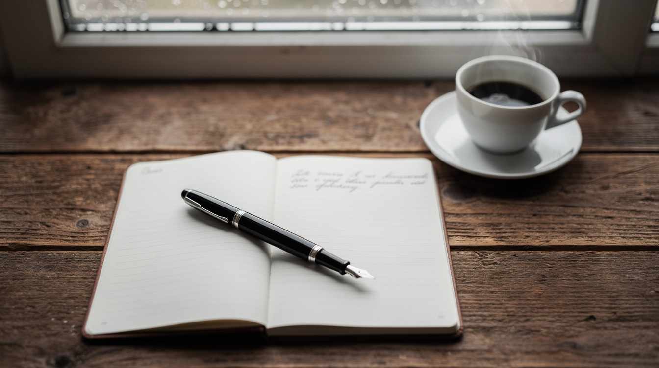 Open notebook with handwritten notes, a pen, and a cup of coffee on a wooden desk by a rainy window